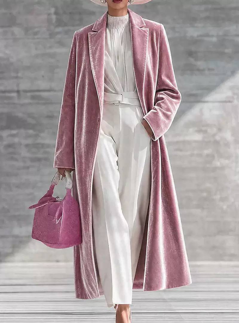 Women’s Velvet Open-Front Longline Coat - Pink