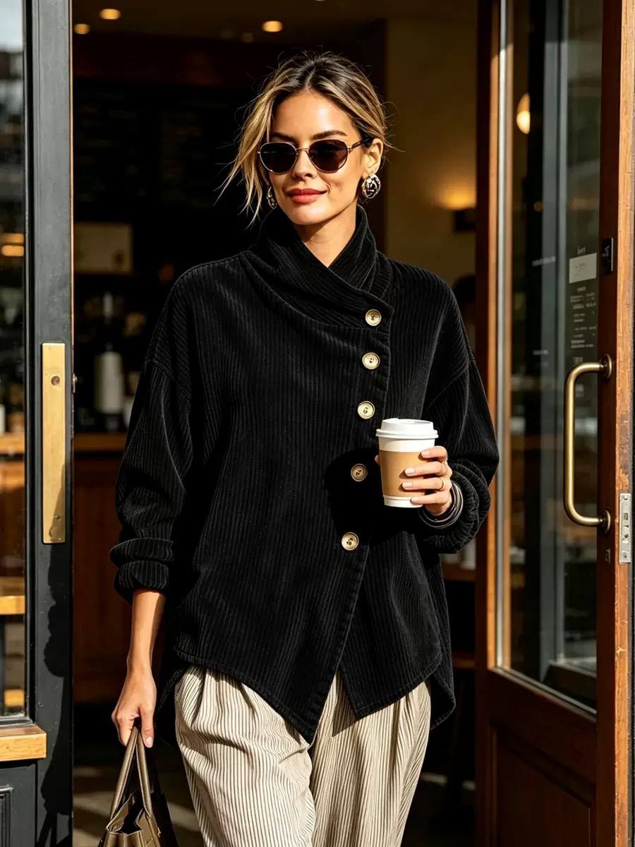 Women’s Corduroy Asymmetric Button Relaxed Jacket - Black