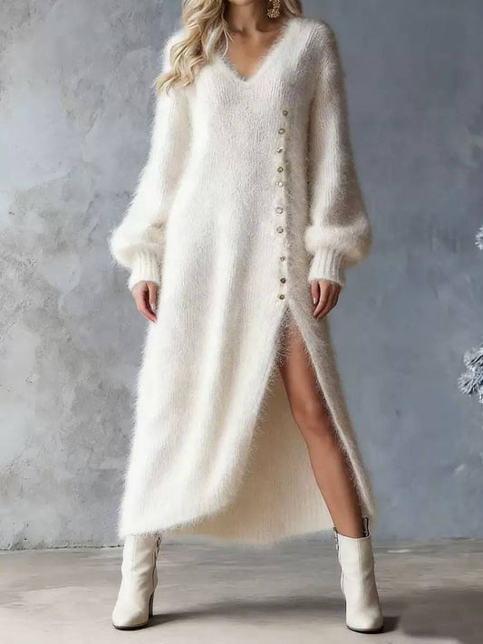 Women’s Textured V-Neck Button Detail Maxi Dress - White