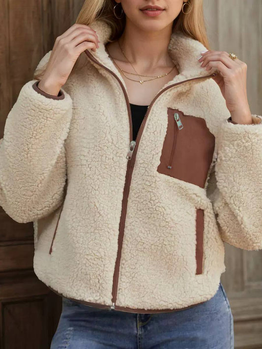 Women’s Teddy Texture Zip-Up Casual Jacket - Cream