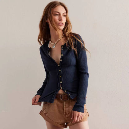 Women’s Ribbed Button-Front Relaxed Cardigan - Navy