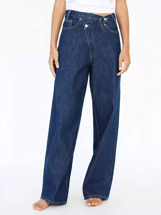 Women’s Asymmetric Waist Wide-Leg Cotton Jeans - Dark Blue