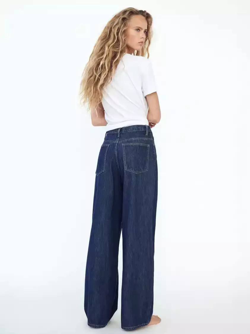 Women’s Asymmetric Waist Wide-Leg Cotton Jeans - Dark Blue