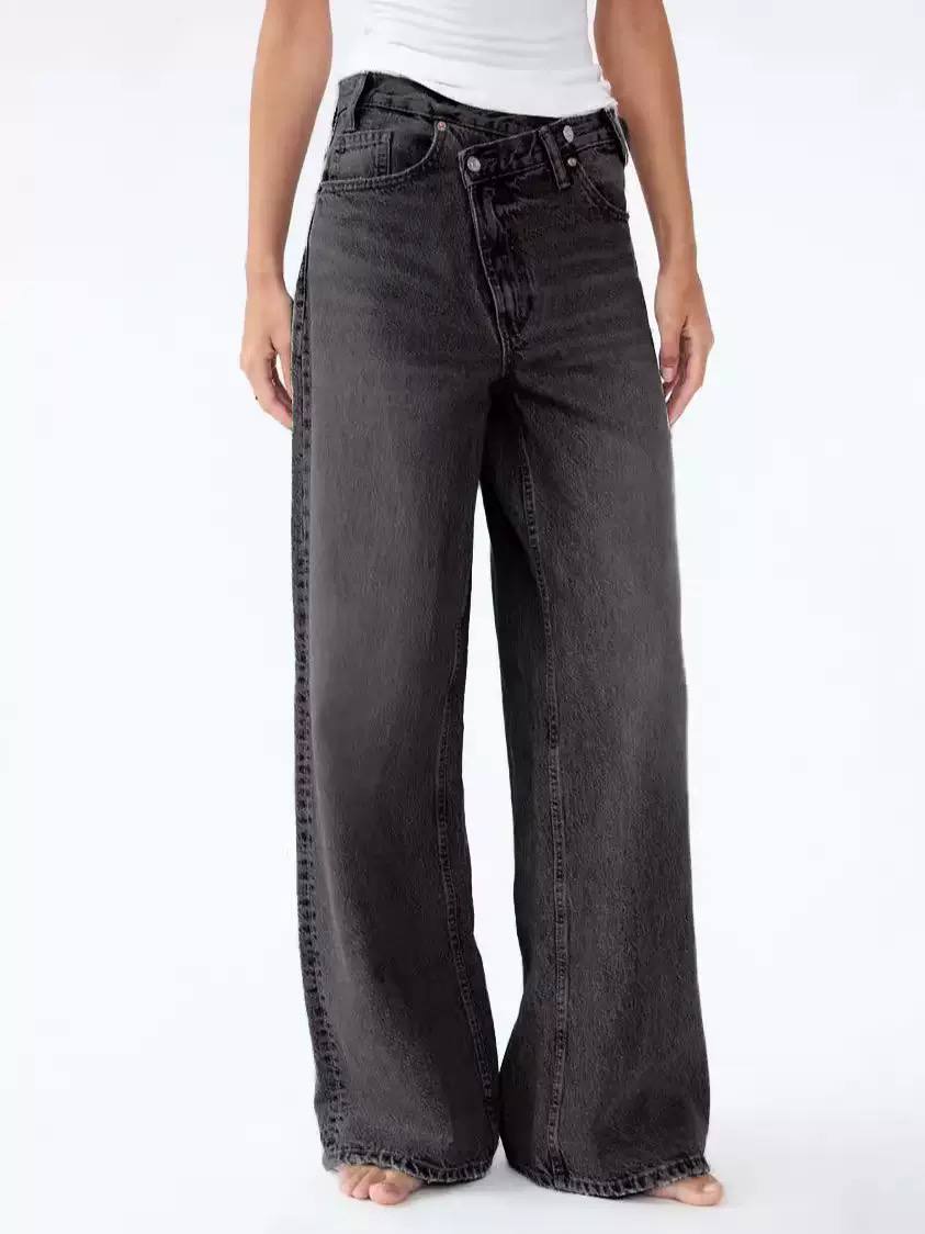 Women’s Asymmetric Waist Wide-Leg Cotton Jeans - Washed Black