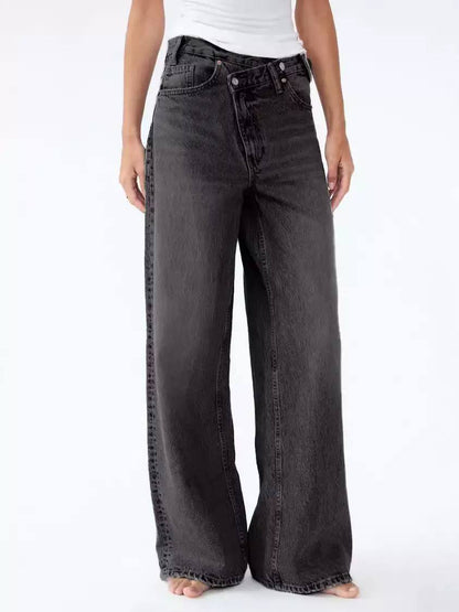 Women’s Asymmetric Waist Wide-Leg Cotton Jeans - Washed Black