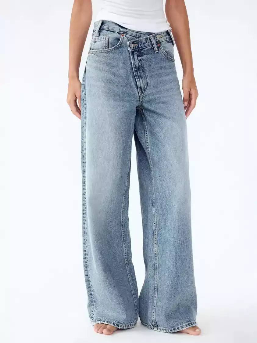 Women’s Asymmetric Waist Wide-Leg Cotton Jeans - Light Blue