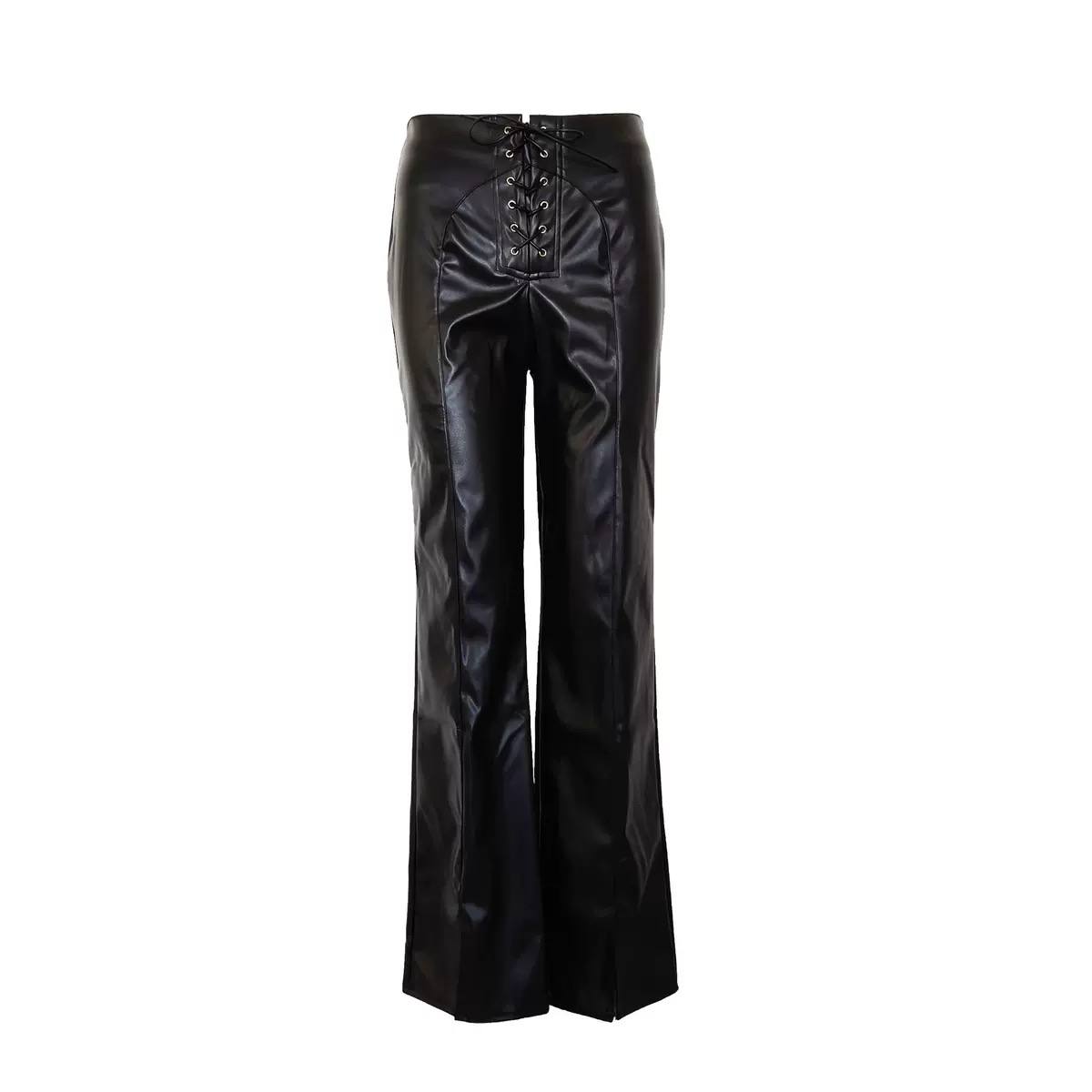 Women’s Lace-Up High-Waist Wide-Leg Faux-Leather Trousers - Black