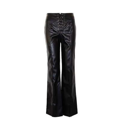 Women’s Lace-Up High-Waist Wide-Leg Faux-Leather Trousers - Black