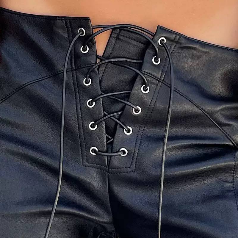 Women’s Lace-Up High-Waist Wide-Leg Faux-Leather Trousers - Black