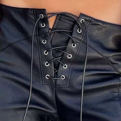 Women’s Lace-Up High-Waist Wide-Leg Faux-Leather Trousers - Black