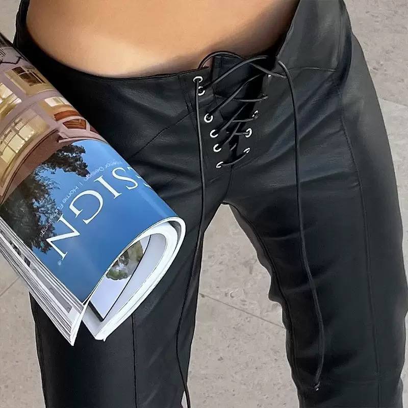 Women’s Lace-Up High-Waist Wide-Leg Faux-Leather Trousers - Black
