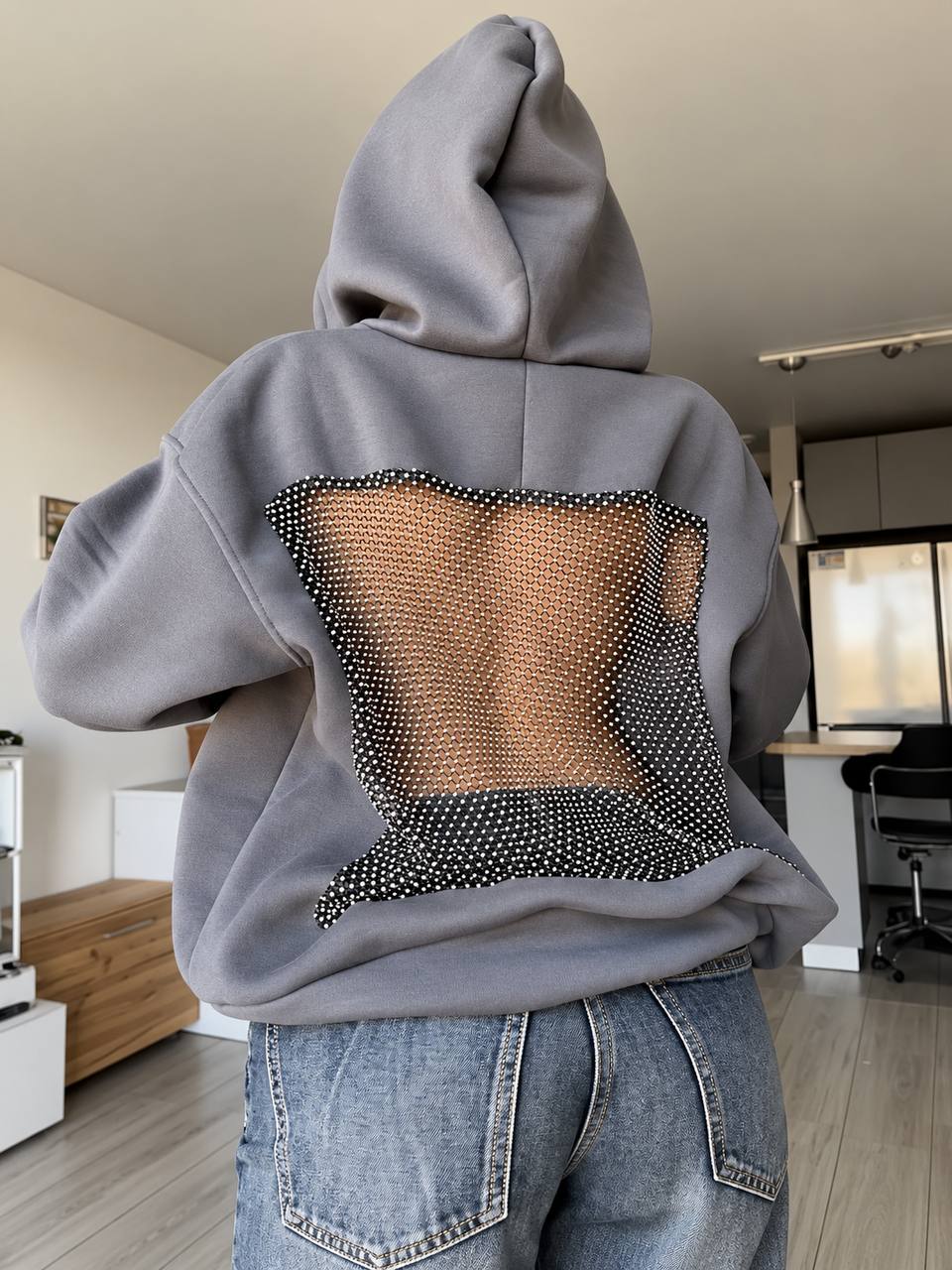 Women’s Rhinestone Mesh-Back Hooded Sweater - Grey