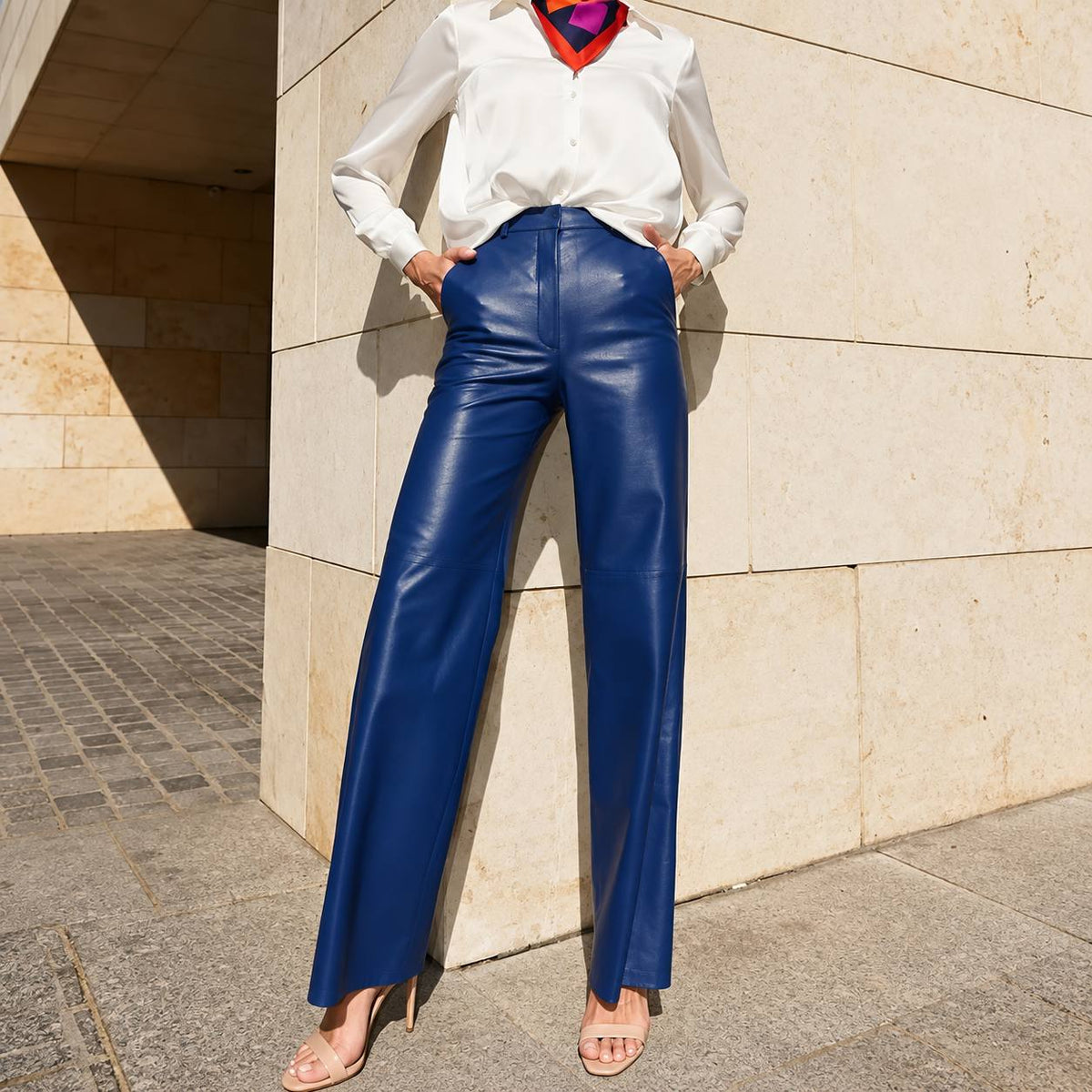 Women’s High-Waist Straight-Leg Faux-Leather Trousers - Royal Blue
