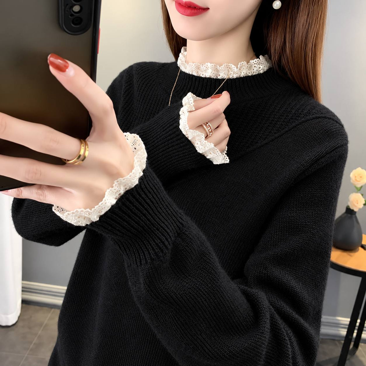 Women's Lace-Trim Relaxed Knit Jumper - Black