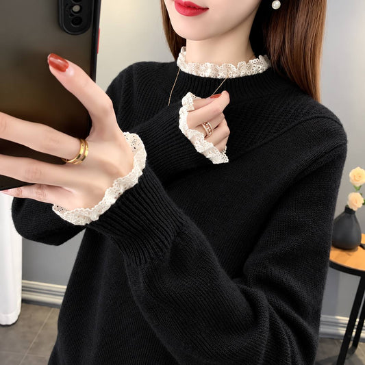 Women's Lace-Trim Relaxed Knit Jumper - Black