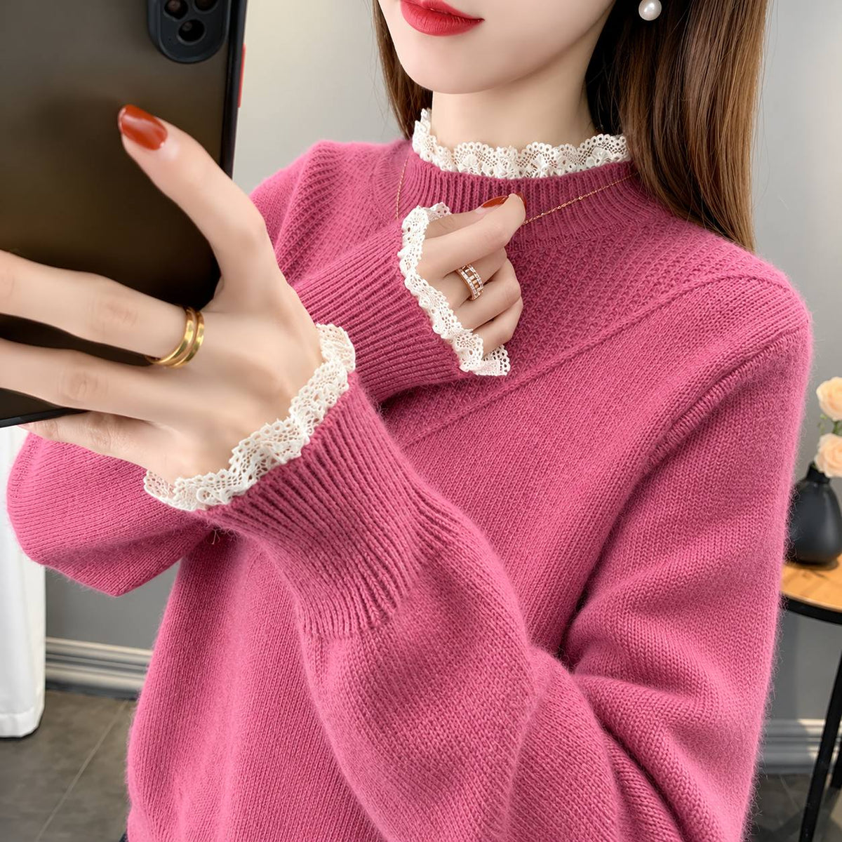 Women's Lace-Trim Relaxed Knit Jumper - Pink