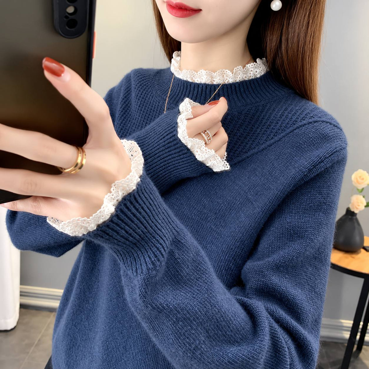 Women's Lace-Trim Relaxed Knit Jumper - Navy