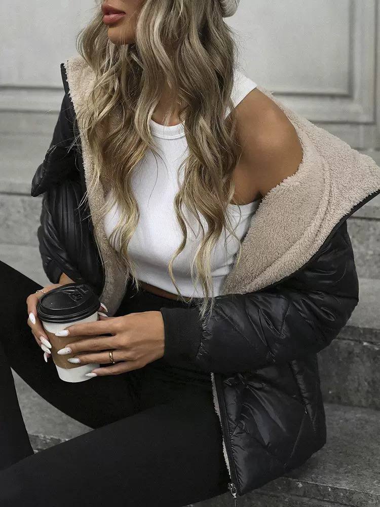 Women's Quilted Hooded Jacket with Teddy Lining - Black