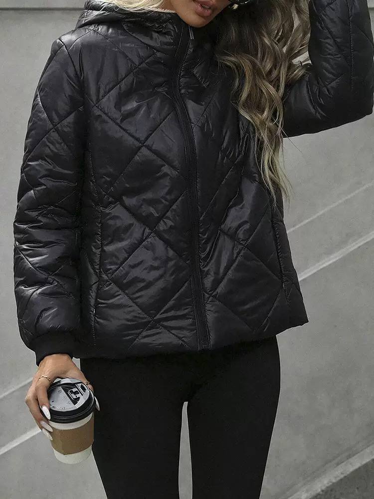 Women's Quilted Hooded Jacket with Teddy Lining - Black