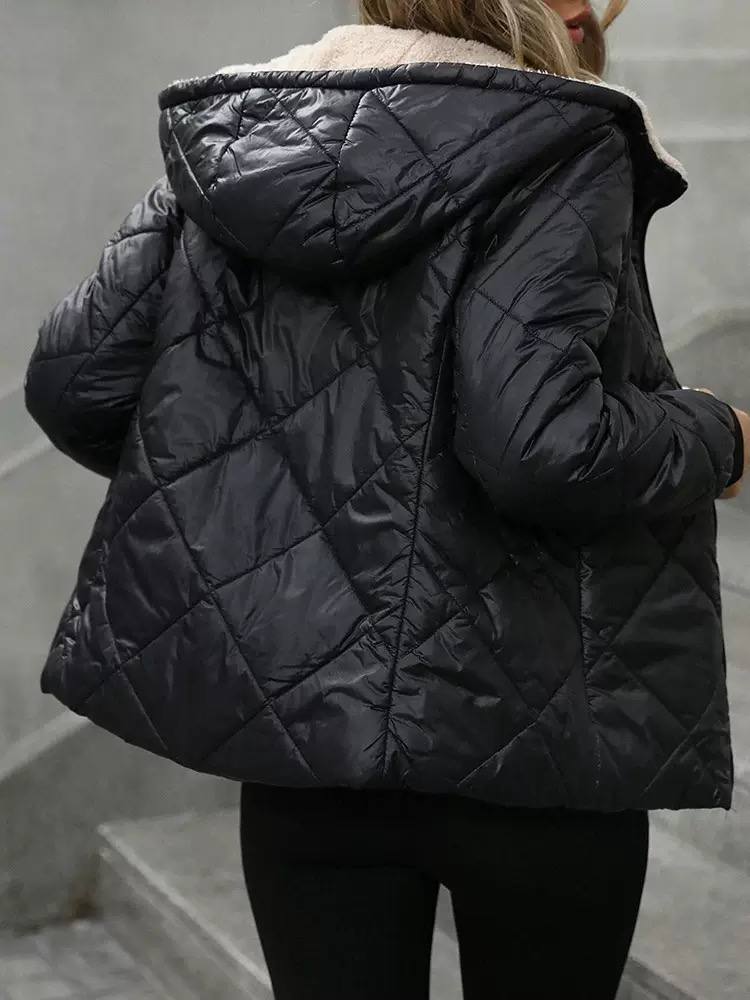 Women's Quilted Hooded Jacket with Teddy Lining - Black