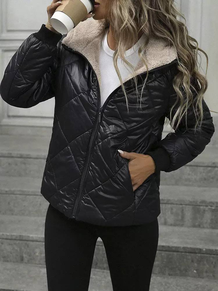 Women's Quilted Hooded Jacket with Teddy Lining - Black