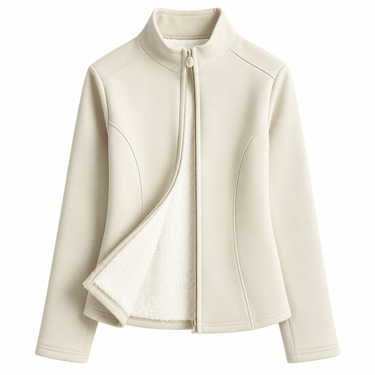 Women's Fleece-Lined Zip-Up Casual Jacket - Cream