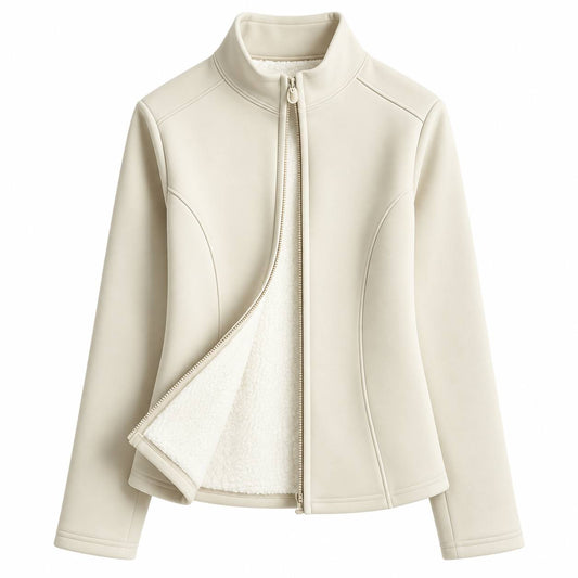 Women's Fleece-Lined Zip-Up Casual Jacket - Cream