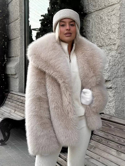 Women's Plush Faux-Fur Longline Coat - Cream