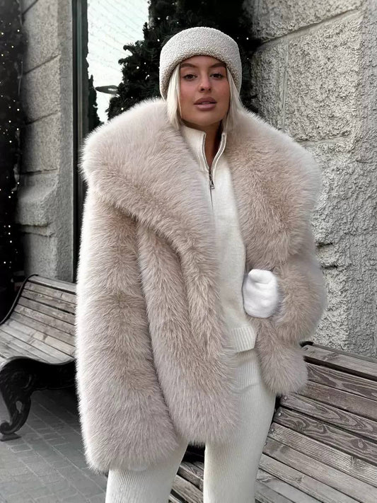 Women's Plush Faux-Fur Longline Coat - Cream