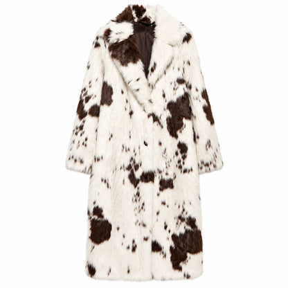 Women's Spotted Faux-Fur Longline Coat - Cream/Brown