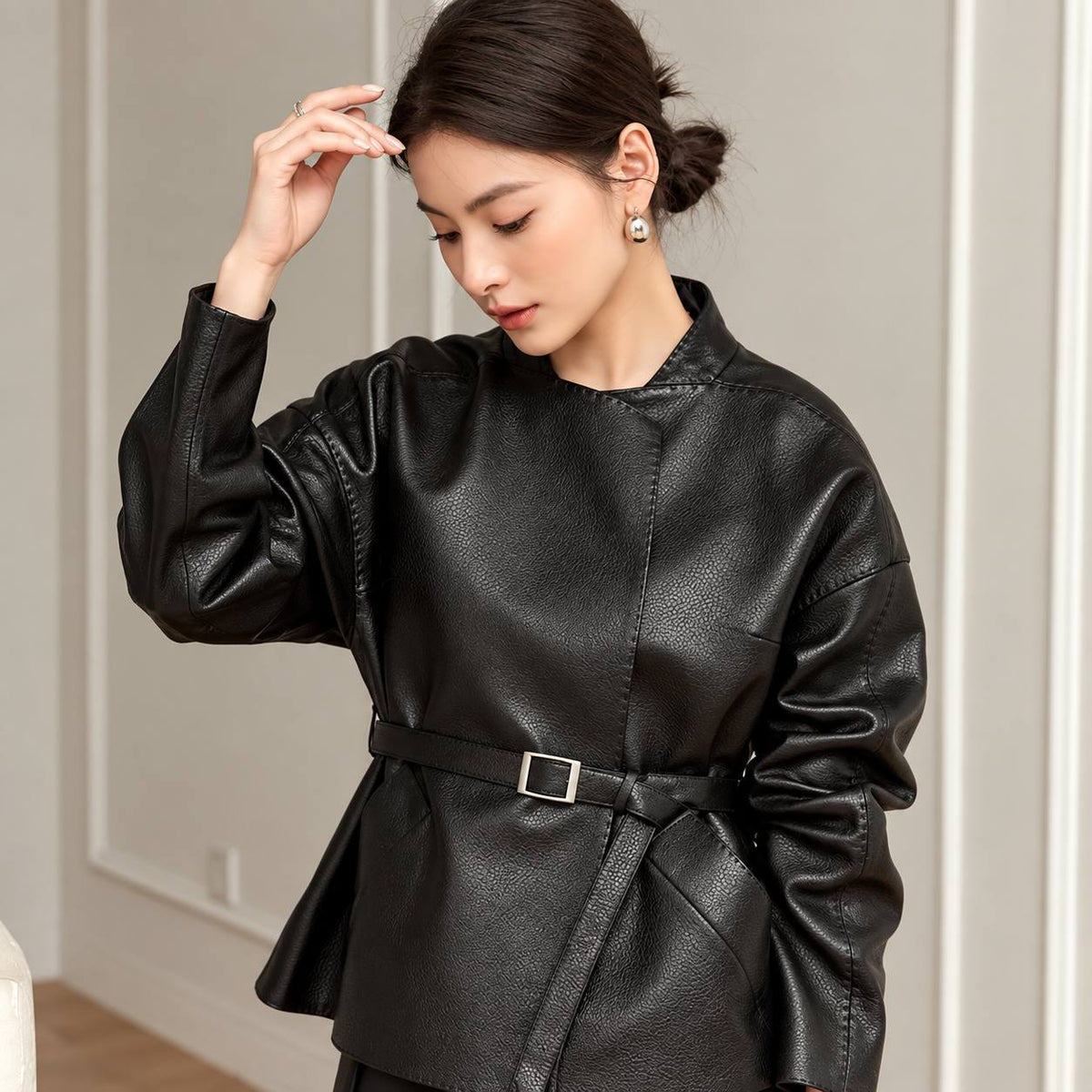 Women's Belted Faux-Leather Wrap Jacket - Black