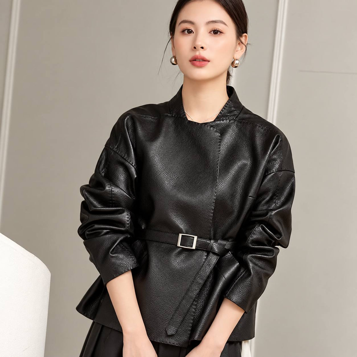 Women's Belted Faux-Leather Wrap Jacket - Black