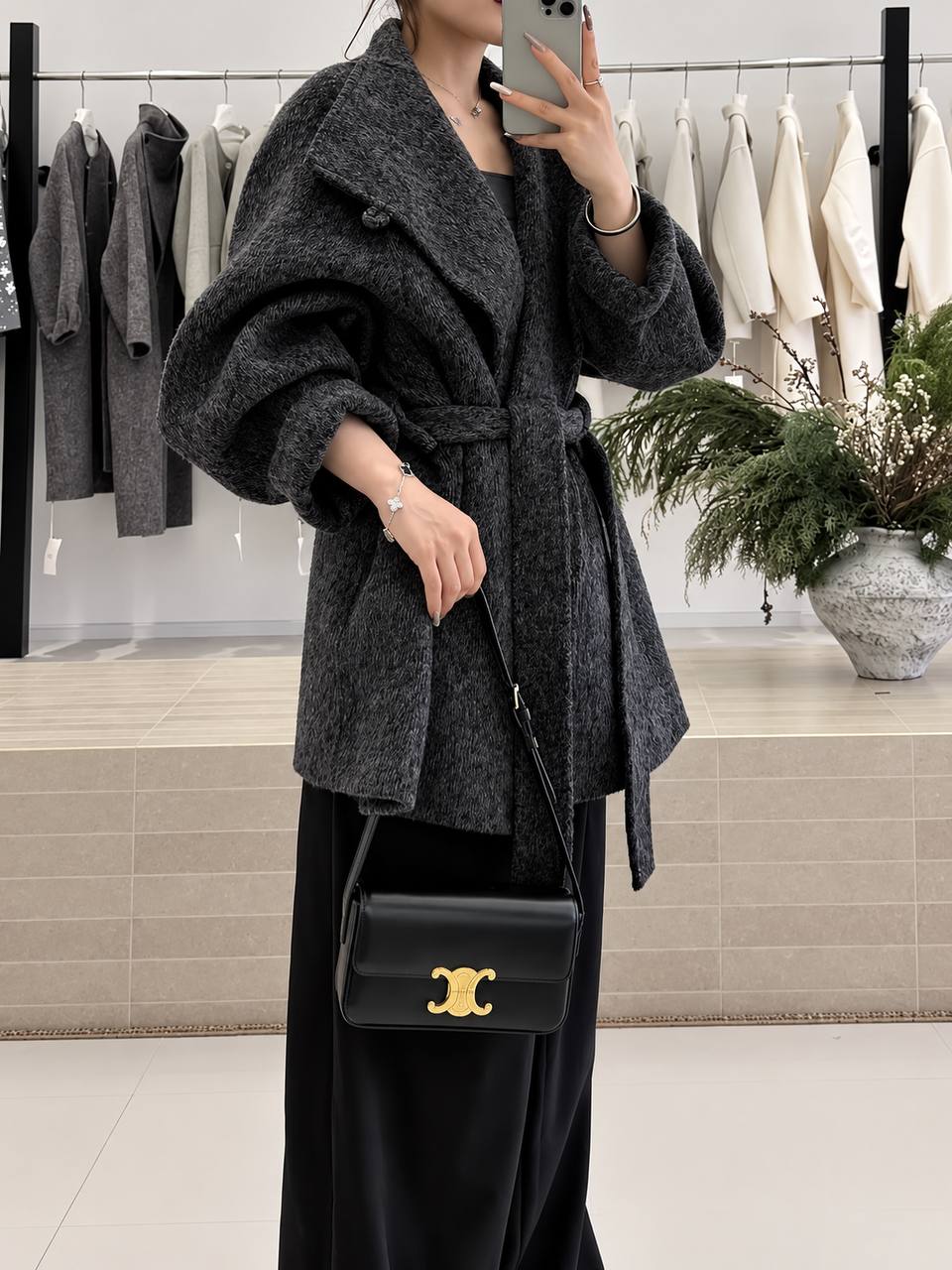 Women's Belted Wool-Blend Longline Coat - Dark Grey