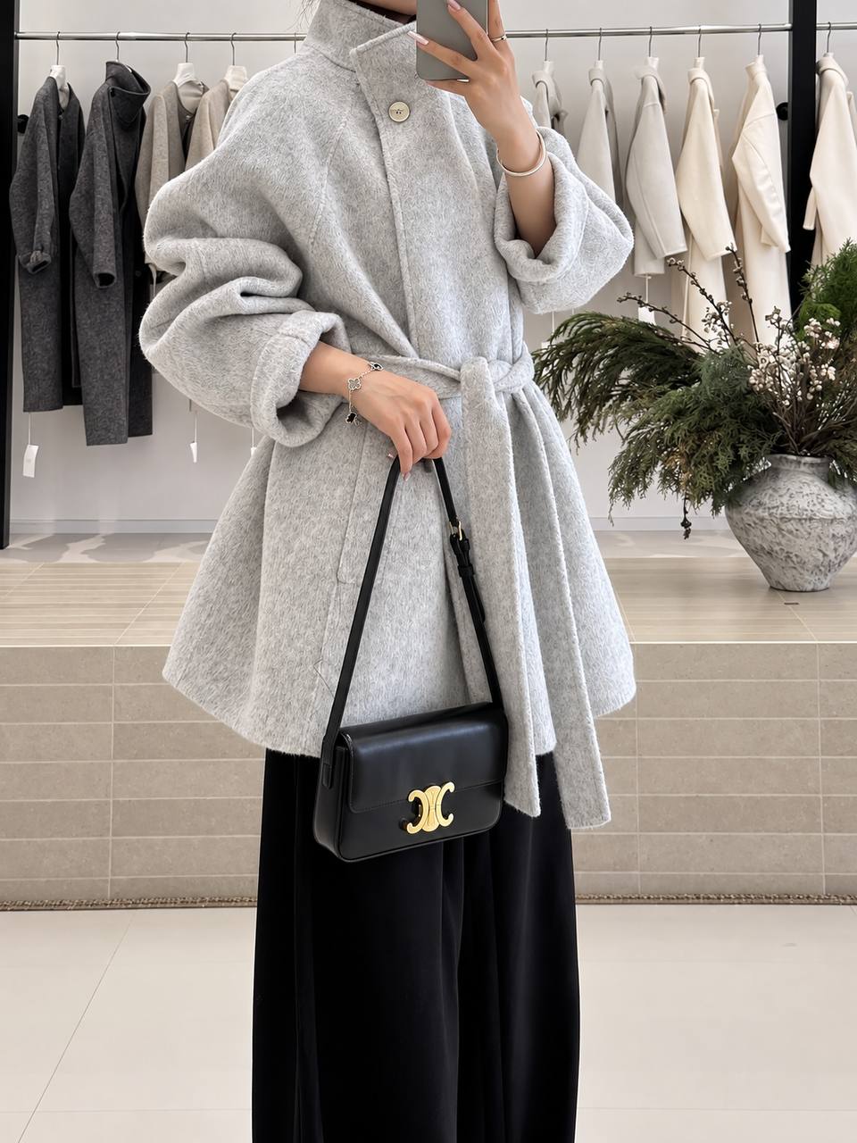 Women's Belted Wool-Blend Longline Coat - Light Grey