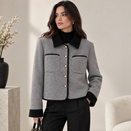 Women's Contrast-Trim Textured Short Jacket - Grey