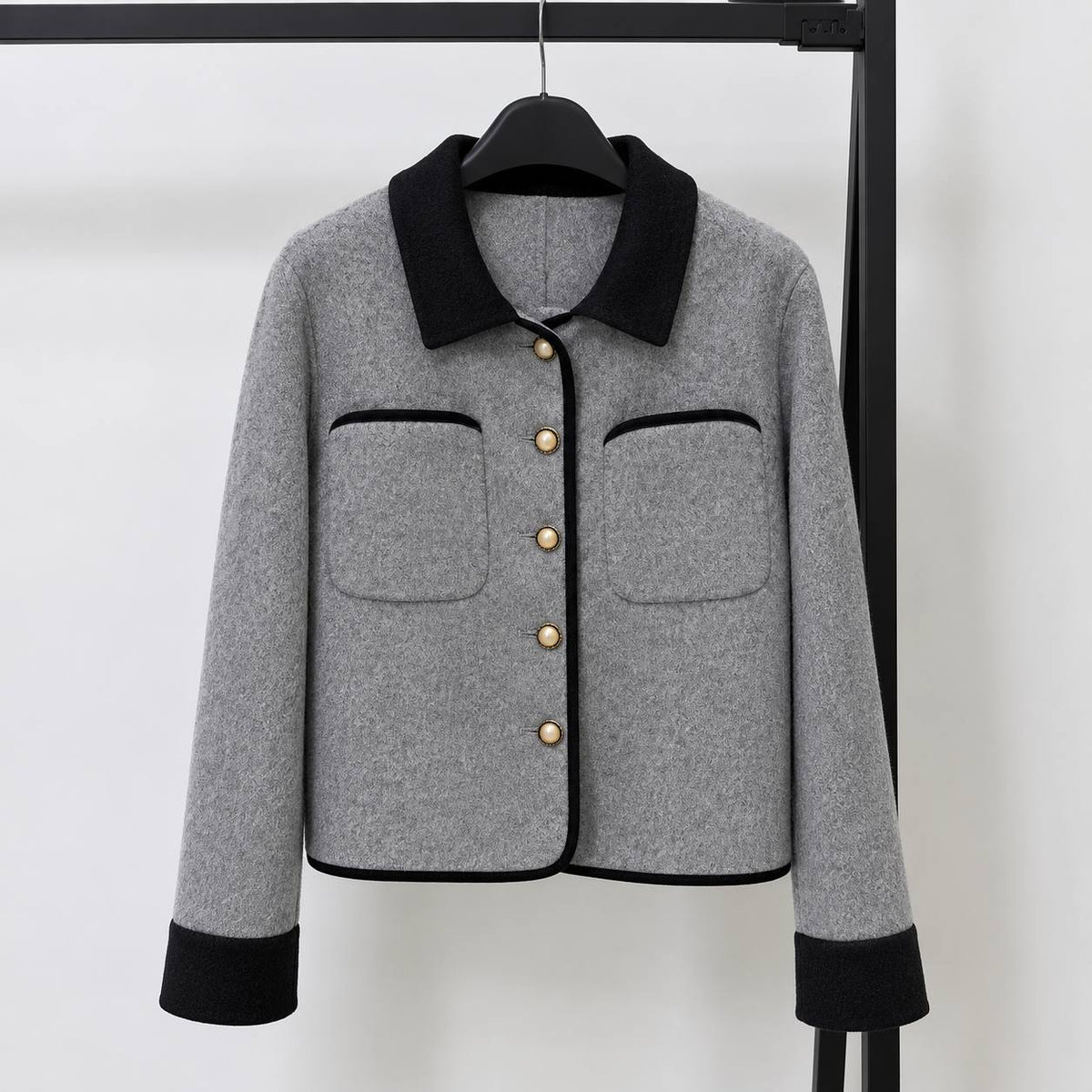 Women's Contrast-Trim Textured Short Jacket - Grey