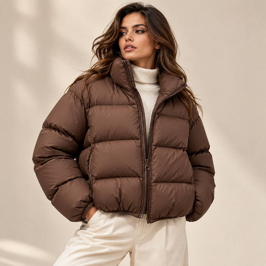 Women's Cropped Puffer Jacket - Brown