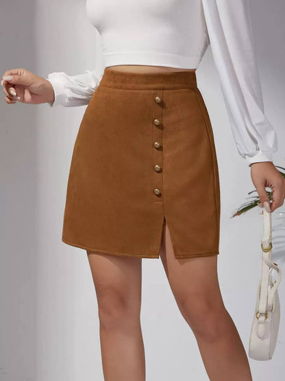 Women's Button-Front Suede-Look Midi Skirt - Camel