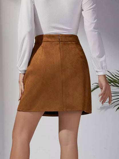 Women's Button-Front Suede-Look Midi Skirt - Camel