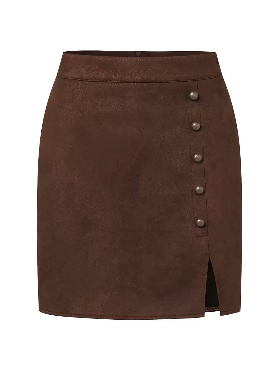 Women's Button-Front Suede-Look Midi Skirt - Brown
