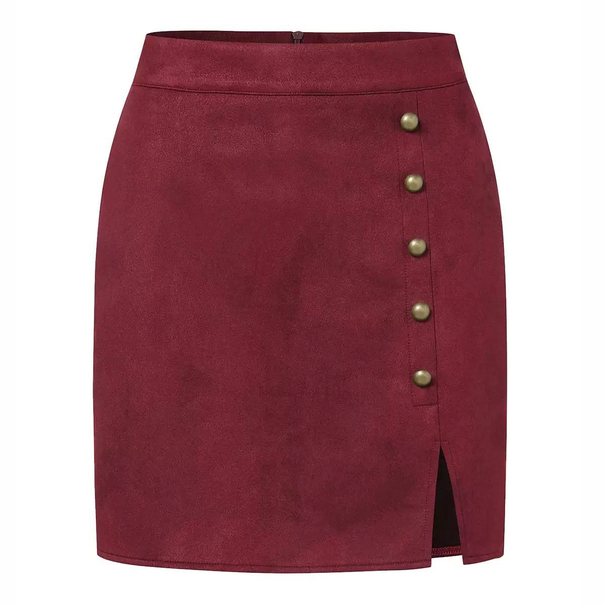 Women's Button-Front Suede-Look Midi Skirt - Burgundy