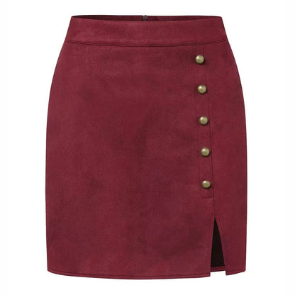 Women's Button-Front Suede-Look Midi Skirt - Burgundy