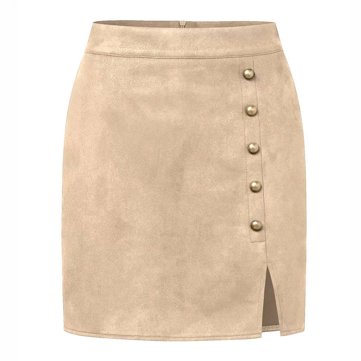 Women's Button-Front Suede-Look Midi Skirt - Beige