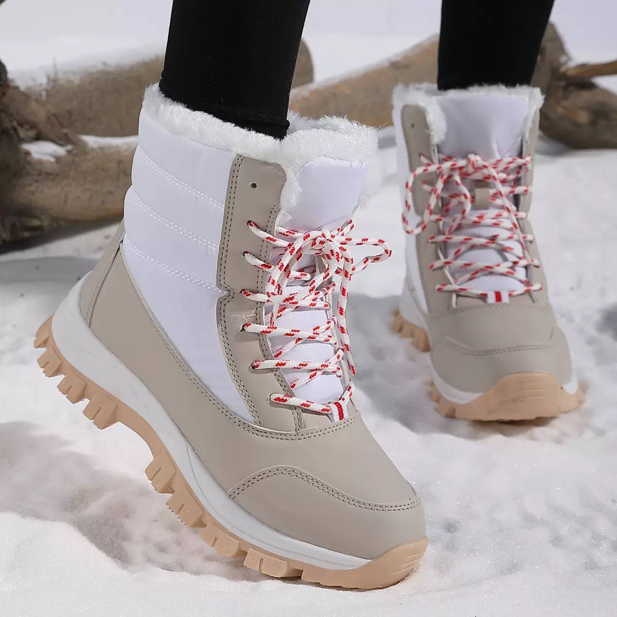 Women's Lace-Up Faux-Fur Winter Boots - Beige