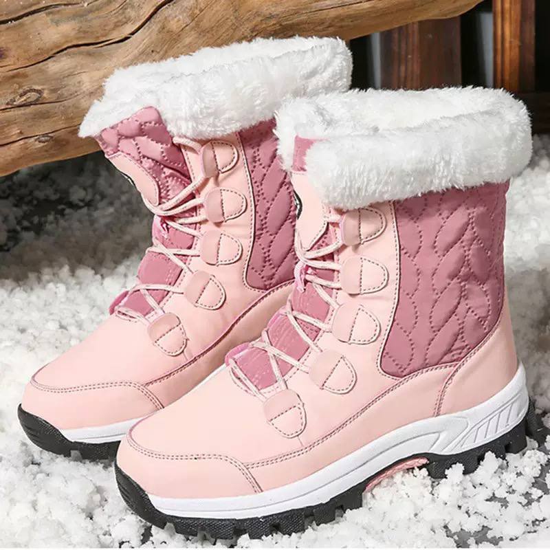 Women's Lace-Up Quilted Winter Boots - Pink