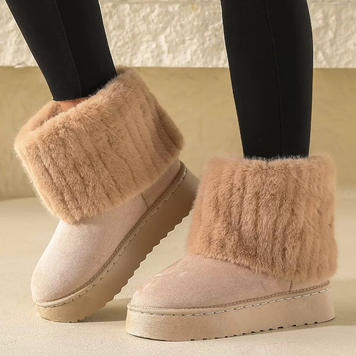 Women's Faux-Fur Cuff Winter Ankle Boots - Beige