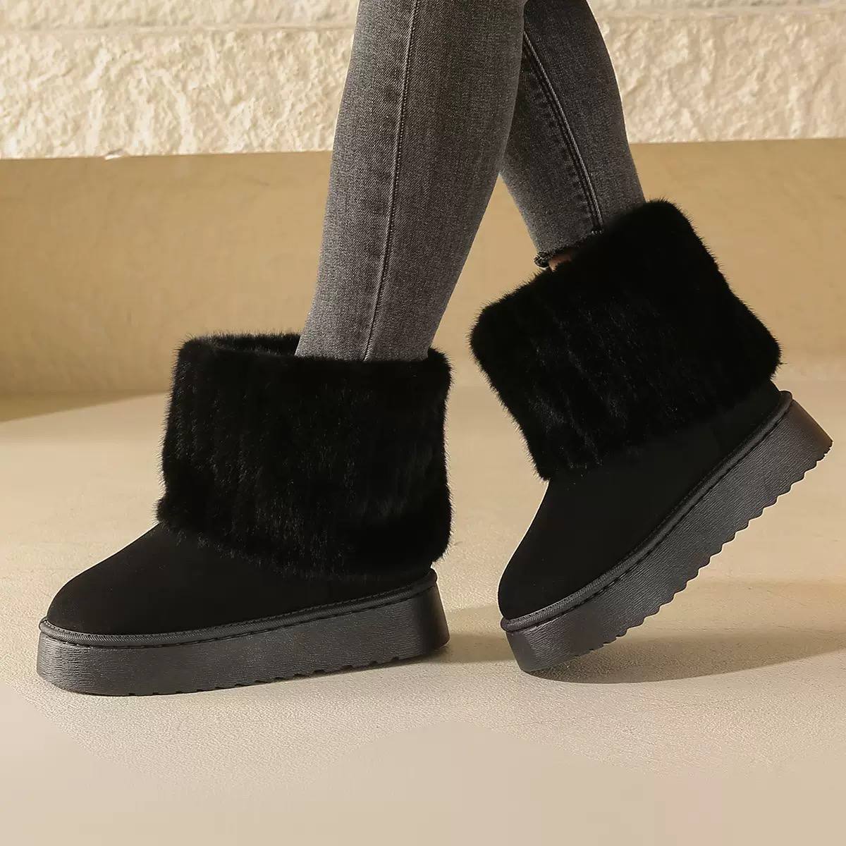 Women's Faux-Fur Cuff Winter Ankle Boots - Black