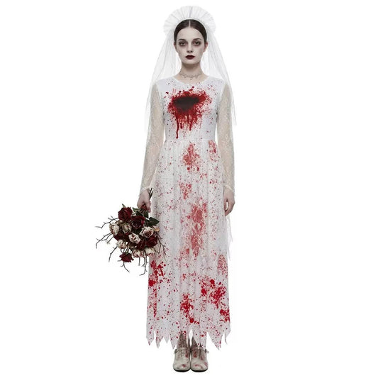 Women's Long Lace Zombie Bride Costume Dress with Veil - White/Red