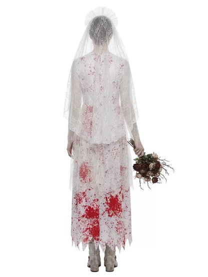 Women's Long Lace Zombie Bride Costume Dress with Veil - White/Red
