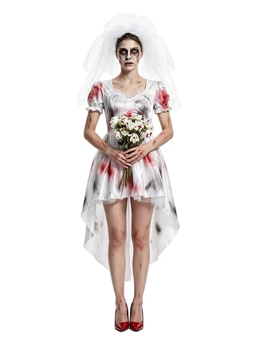 Women's High-Low Zombie Bride Costume Dress with Veil - White/Red